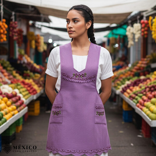 Lilac blue Mexican embroidered essential cotton blend kitchen apron featuring a daisy floral design