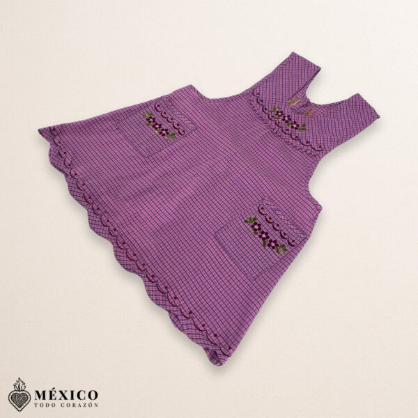 Pink Mexican embroidered essential cotton kitchen apron featuring a floral design