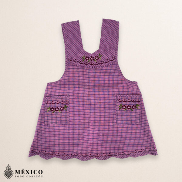 Pink Mexican embroidered essential cotton kitchen apron featuring a floral design