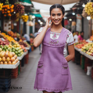 Pink Mexican embroidered essential cotton kitchen apron featuring a floral design