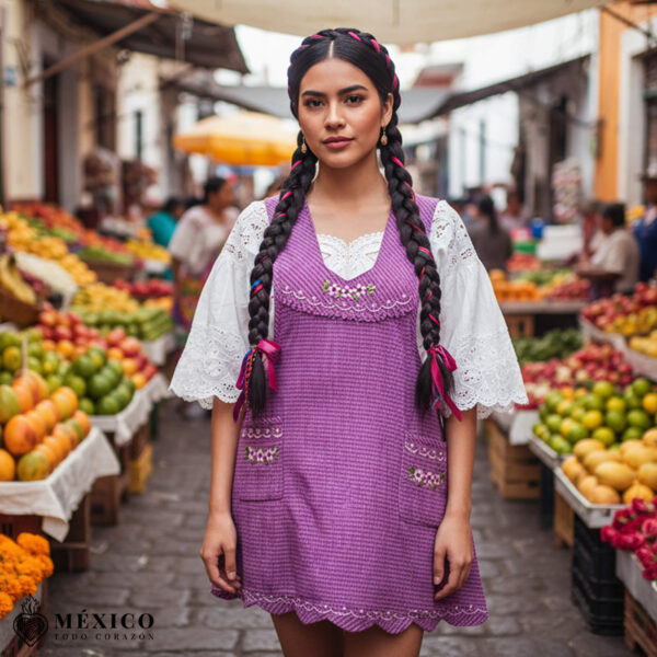 Cherry Mexican embroidered essential cotton kitchen apron featuring a floral design