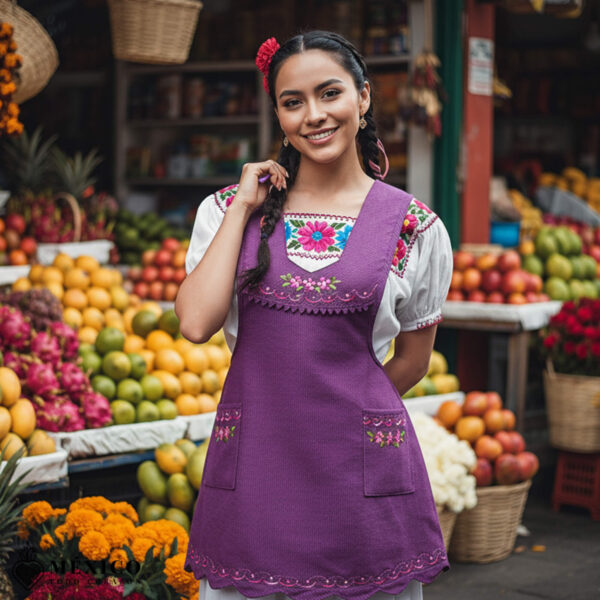 Burgundy Mexican embroidered essential cotton kitchen apron featuring a floral design