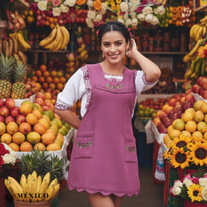 Cherry Mexican embroidered essential cotton kitchen apron featuring a floral design