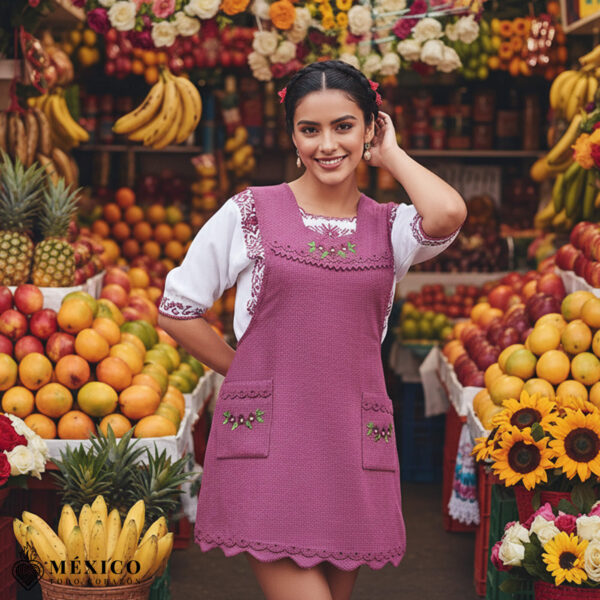 Cherry Mexican embroidered essential cotton kitchen apron featuring a floral design