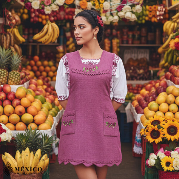 Cherry Mexican embroidered essential cotton kitchen apron featuring a floral design