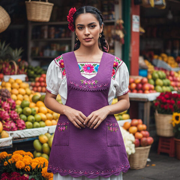 Burgundy Mexican embroidered essential cotton kitchen apron featuring a floral design