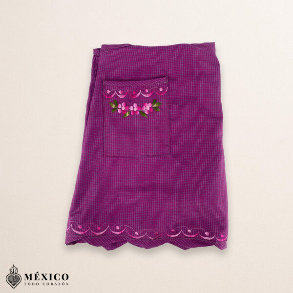 Burgundy Mexican embroidered essential cotton kitchen apron featuring a floral design