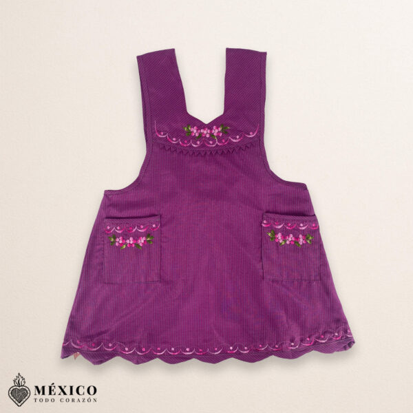 Burgundy Mexican embroidered essential cotton kitchen apron featuring a floral design