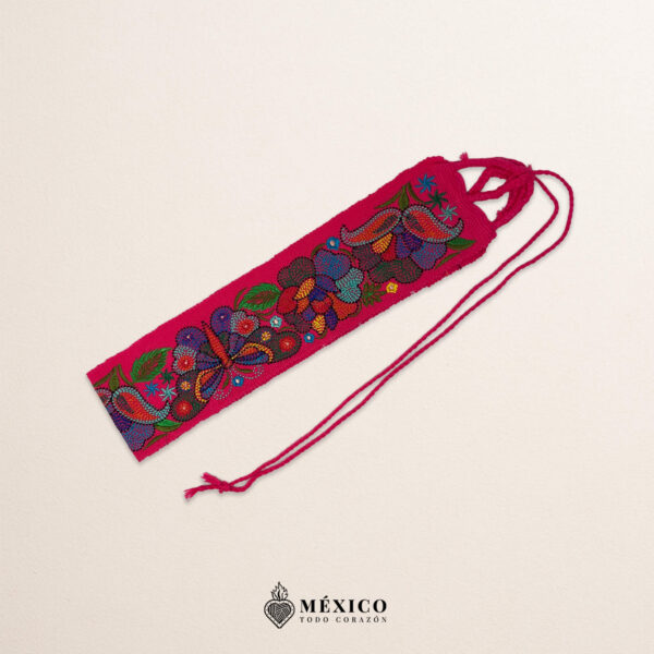Pink embroidered Mexican waist belt featuring a floral and butterfly design