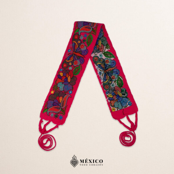 Pink embroidered Mexican waist belt featuring a floral and butterfly design