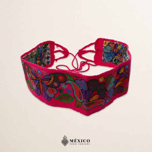 Pink embroidered Mexican waist belt featuring a floral and butterfly design