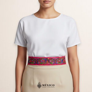 Pink embroidered Mexican waist belt featuring a floral and butterfly design