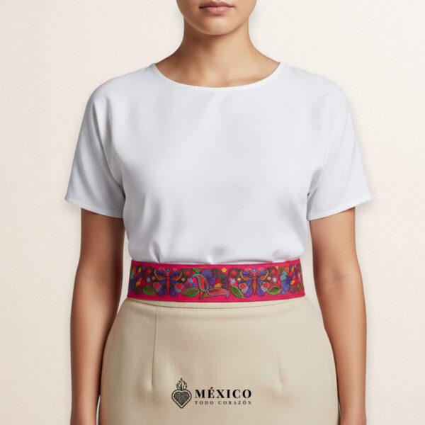 Pink embroidered Mexican waist belt featuring a floral and butterfly design