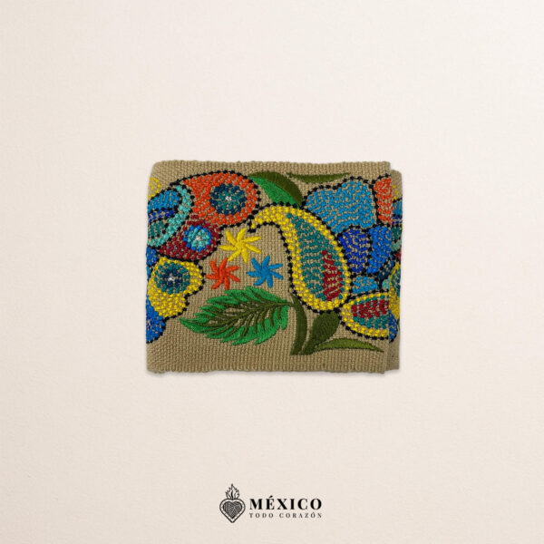 Beige embroidered Mexican waist belt featuring a floral and butterfly design