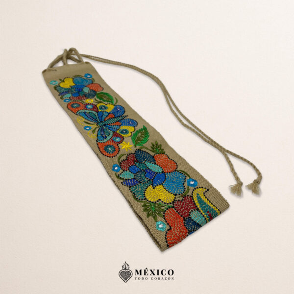 Beige embroidered Mexican waist belt featuring a floral and butterfly design