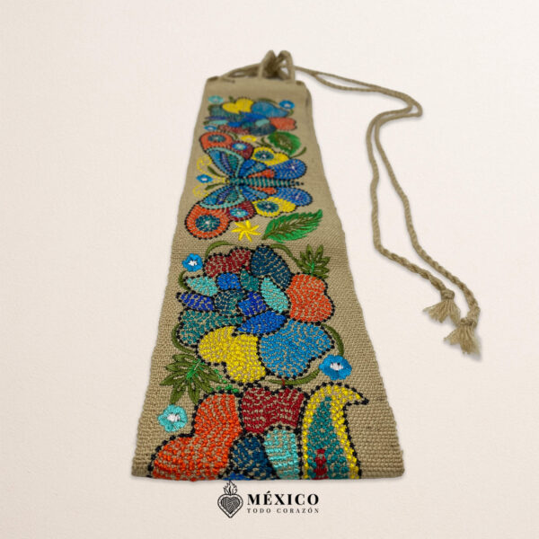 Beige embroidered Mexican waist belt featuring a floral and butterfly design