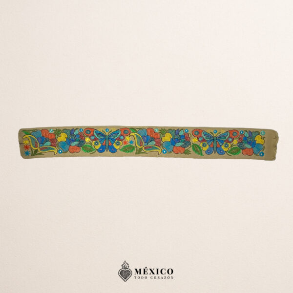 Beige embroidered Mexican waist belt featuring a floral and butterfly design