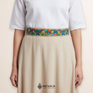 Beige embroidered Mexican waist belt featuring a floral and butterfly design