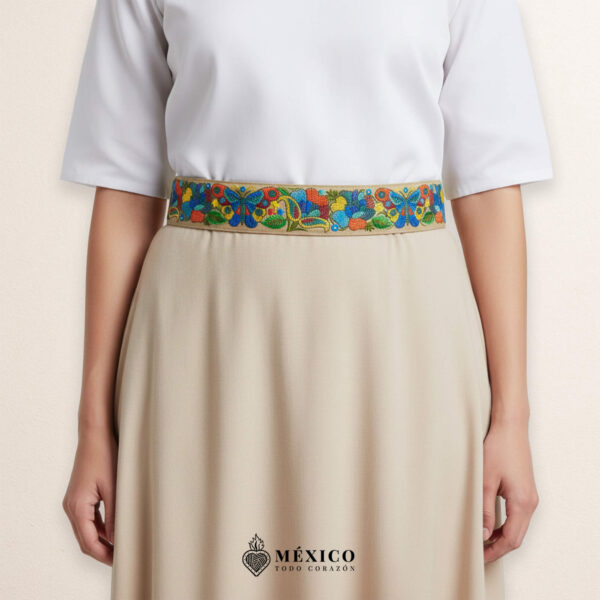 Beige embroidered Mexican waist belt featuring a floral and butterfly design