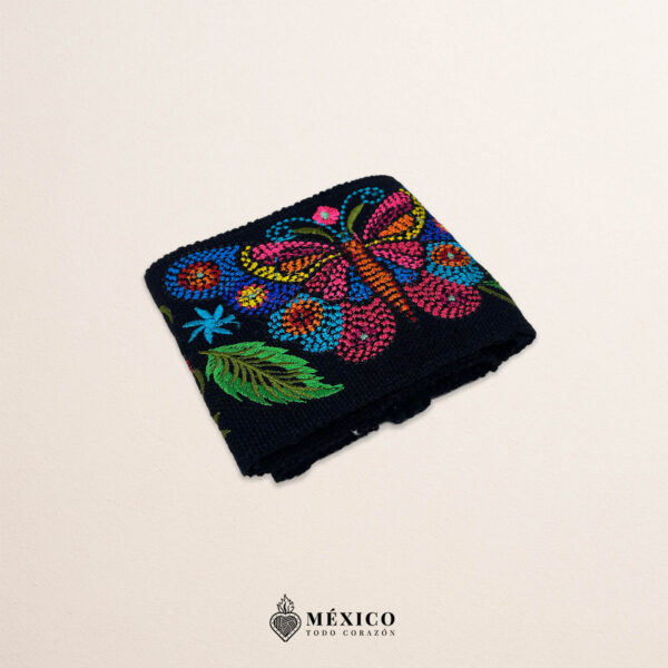 Black embroidered Mexican waist belt featuring a floral and butterfly design