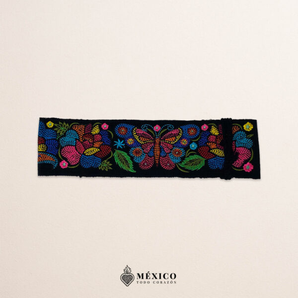 Black embroidered Mexican waist belt featuring a floral and butterfly design