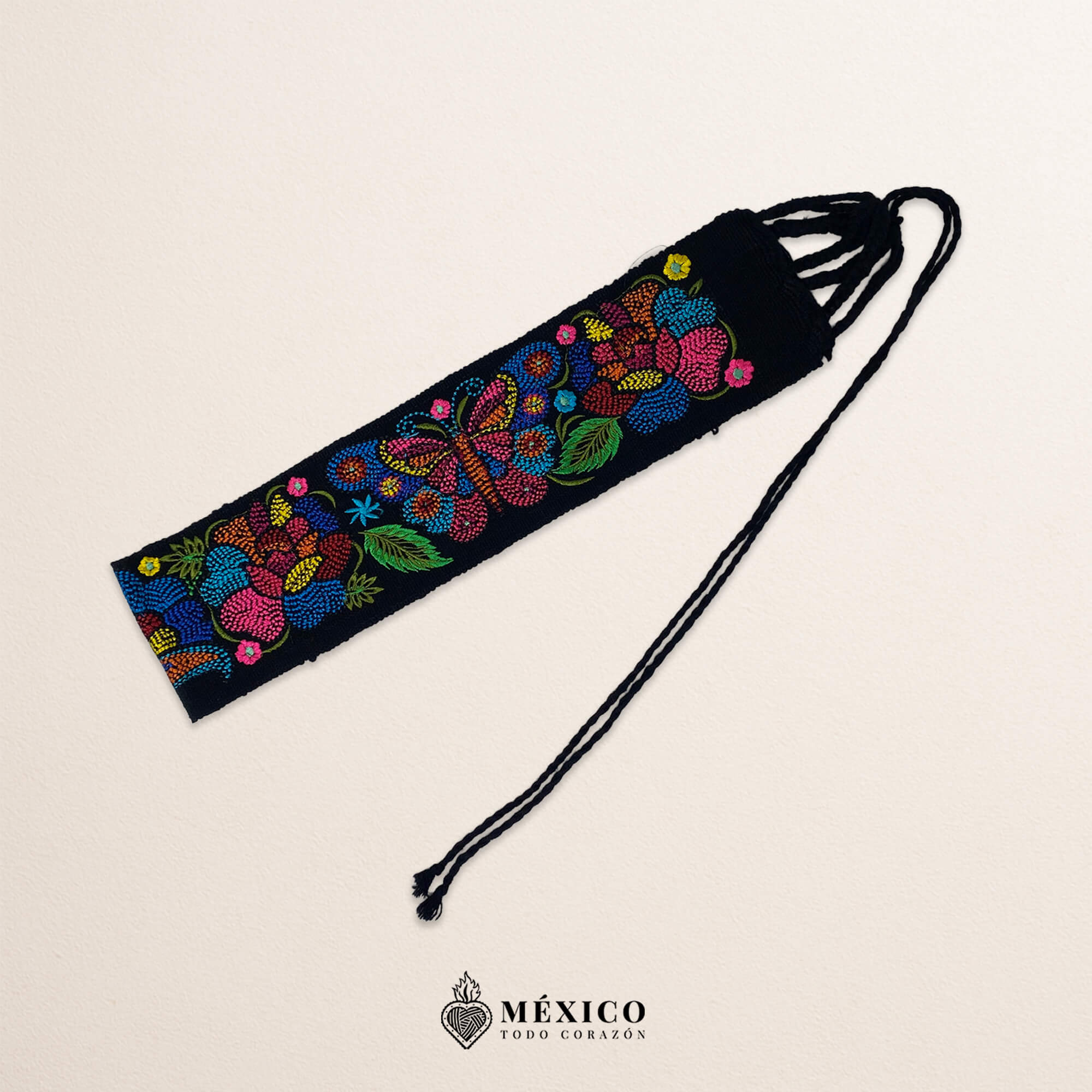 Black embroidered Mexican waist belt featuring a floral and butterfly design
