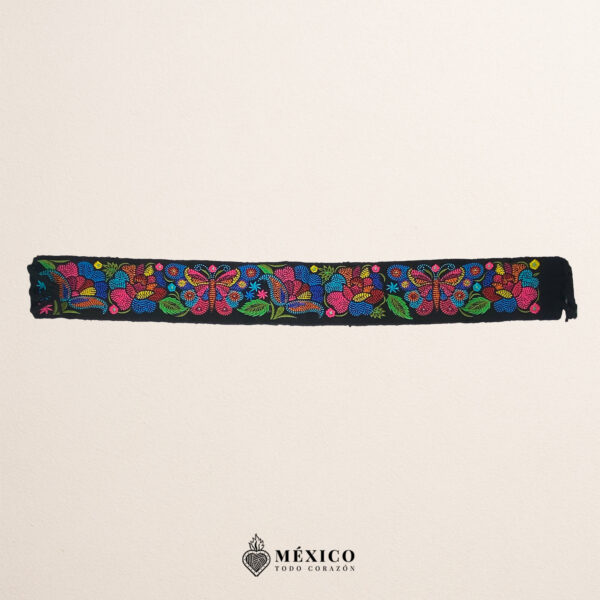Black embroidered Mexican waist belt featuring a floral and butterfly design