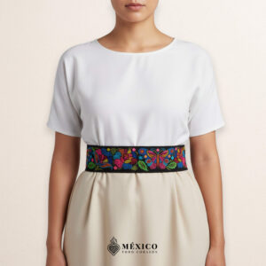 Black embroidered Mexican waist belt featuring a floral and butterfly design