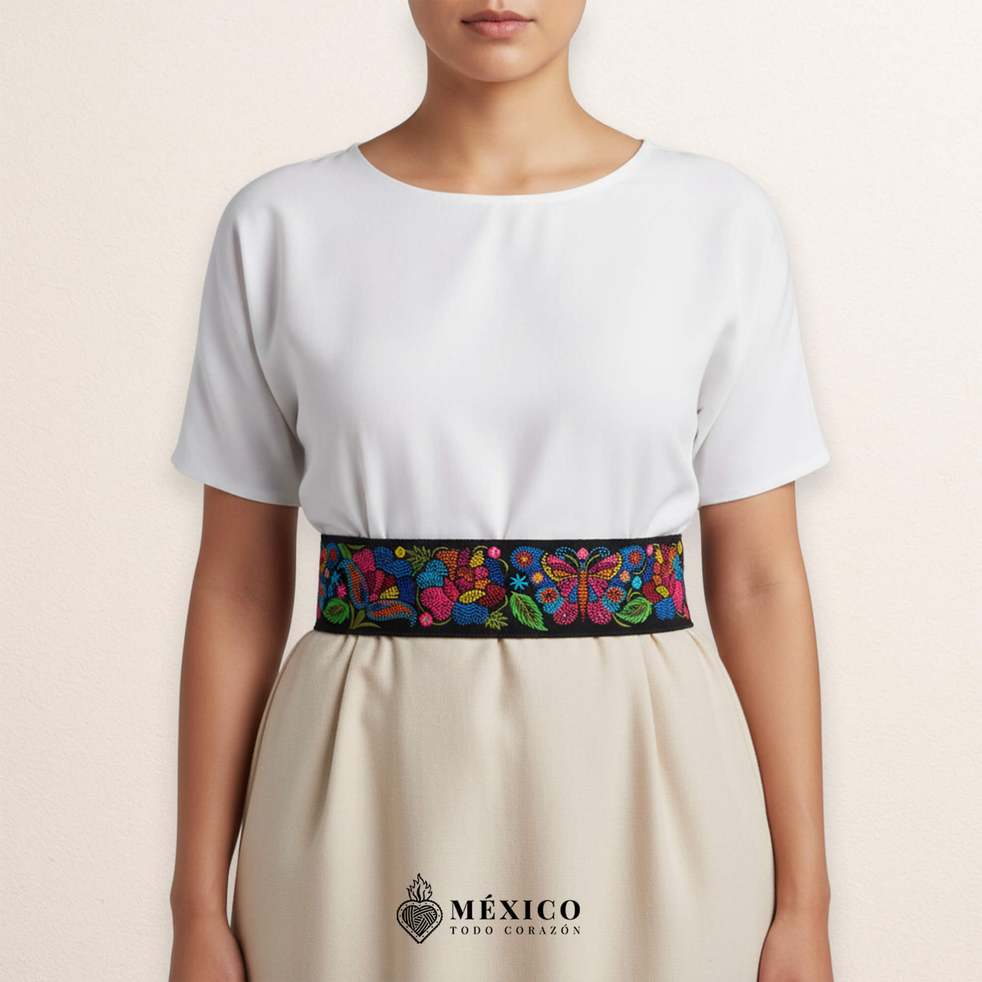 Black embroidered Mexican waist belt featuring a floral and butterfly design