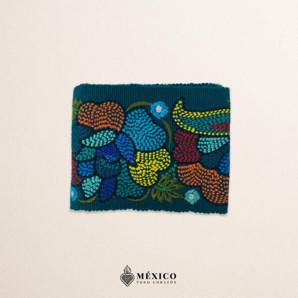 Turquoise embroidered Mexican waist belt featuring a floral and butterfly design