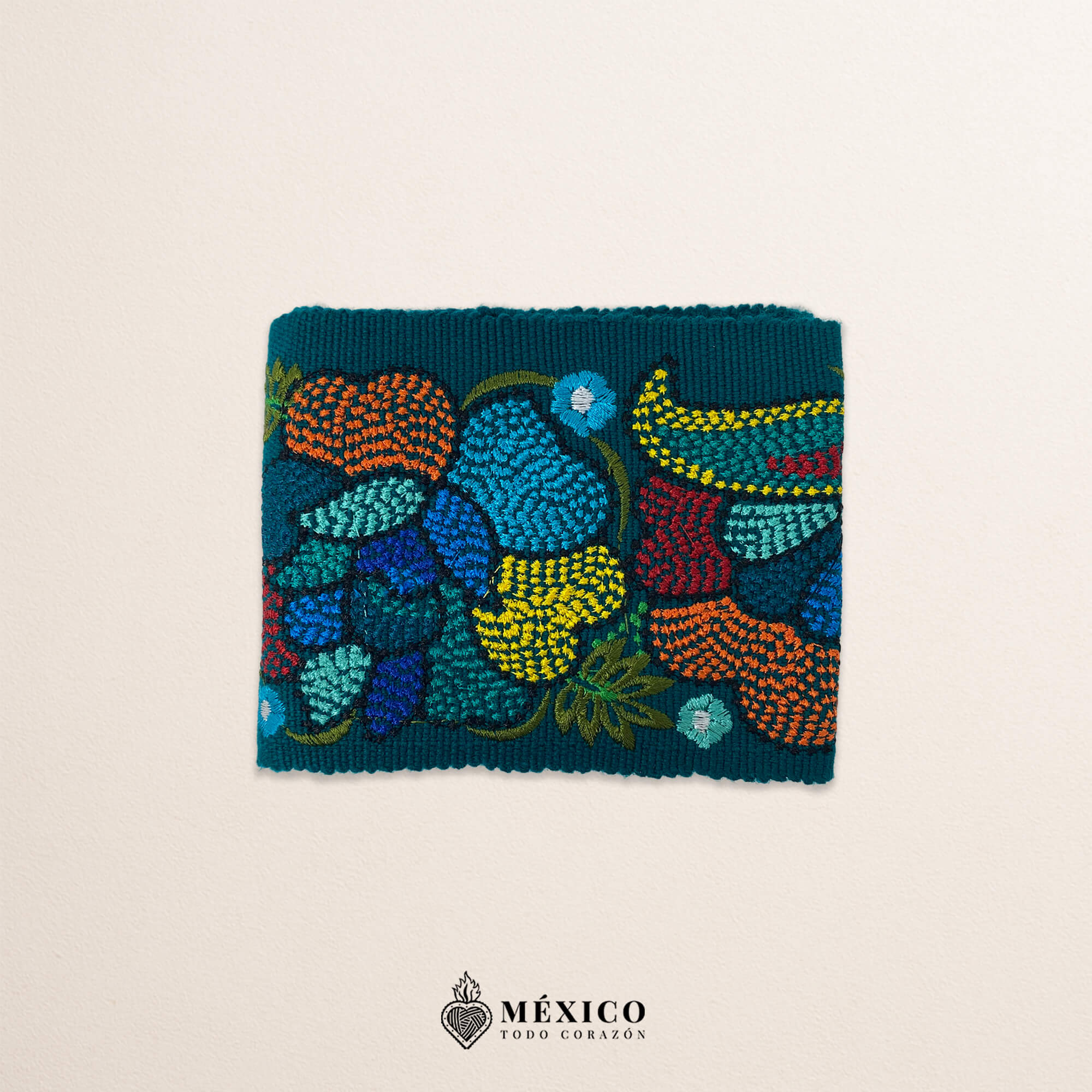 Turquoise embroidered Mexican waist belt featuring a floral and butterfly design