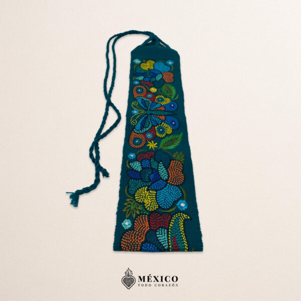 Turquoise embroidered Mexican waist belt featuring a floral and butterfly design