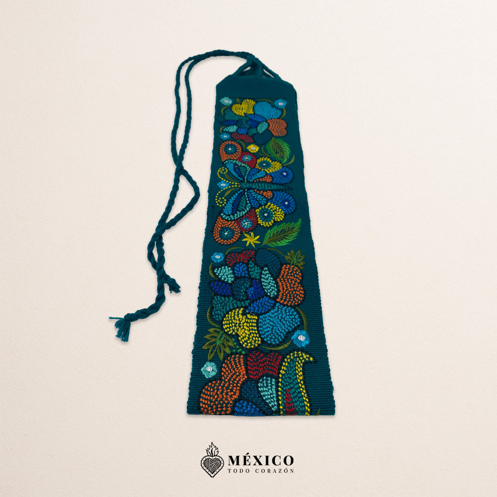 Turquoise embroidered Mexican waist belt featuring a floral and butterfly design