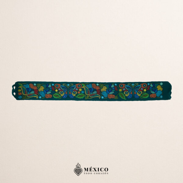 Turquoise embroidered Mexican waist belt featuring a floral and butterfly design