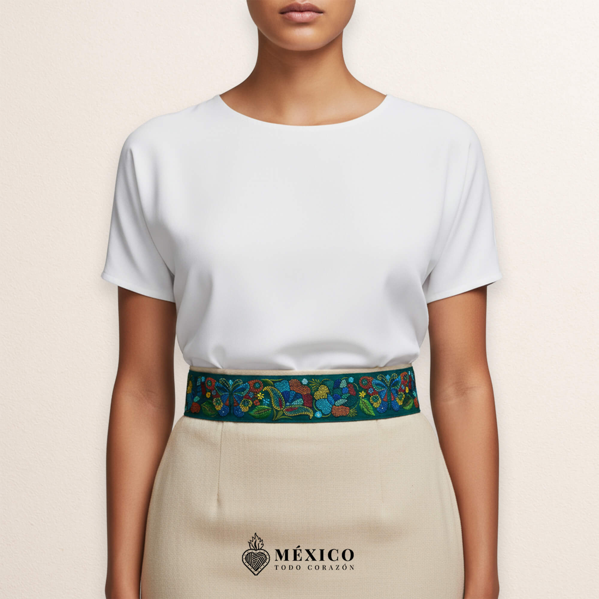 Turquoise embroidered Mexican waist belt featuring a floral and butterfly design