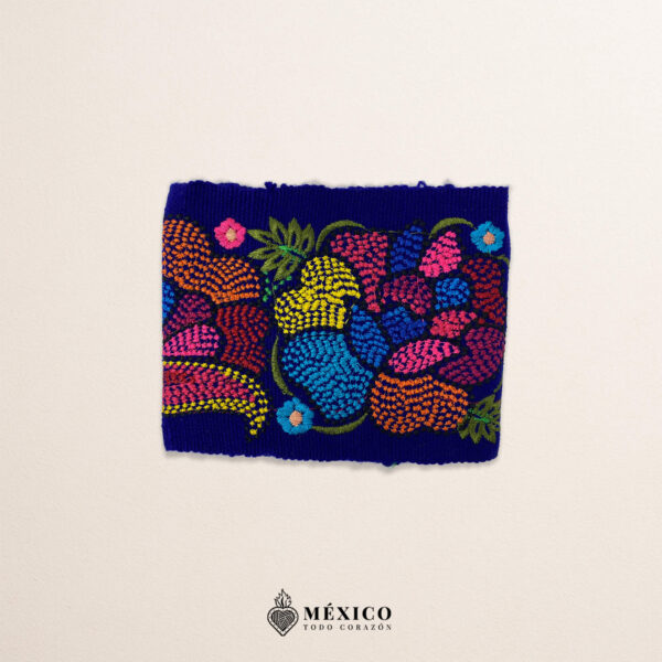 Blue embroidered Mexican waist belt featuring a floral and butterfly design