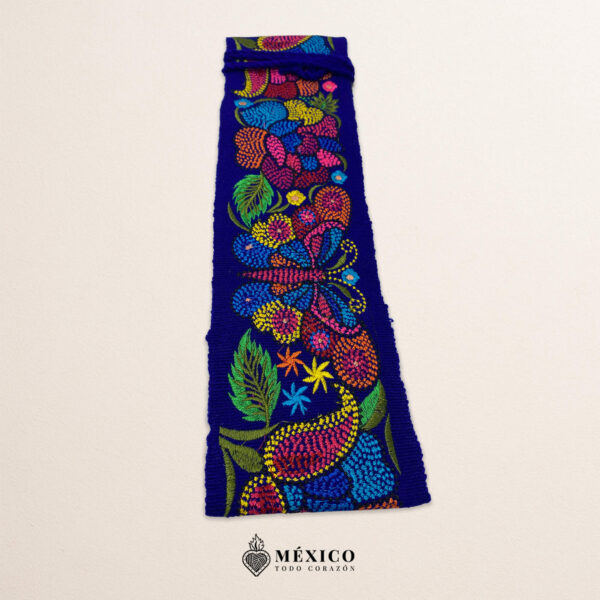 Blue embroidered Mexican waist belt featuring a floral and butterfly design