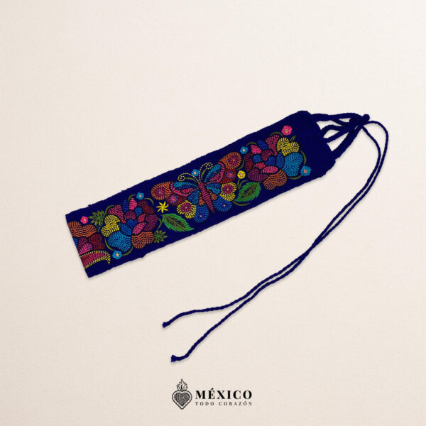 Blue embroidered Mexican waist belt featuring a floral and butterfly design