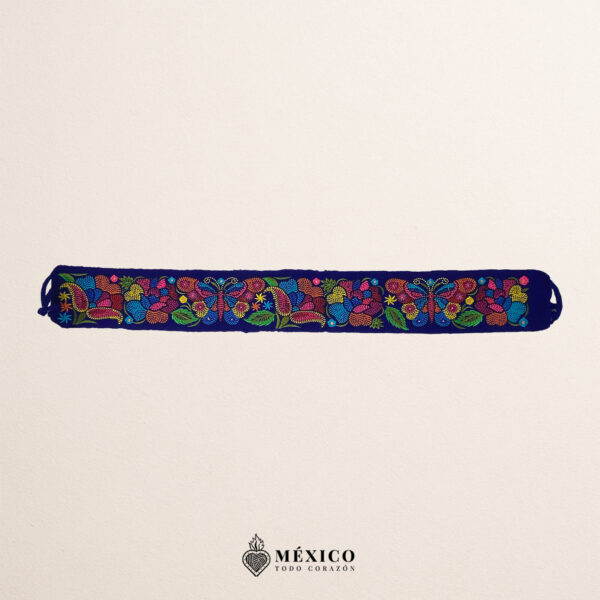 Blue embroidered Mexican waist belt featuring a floral and butterfly design