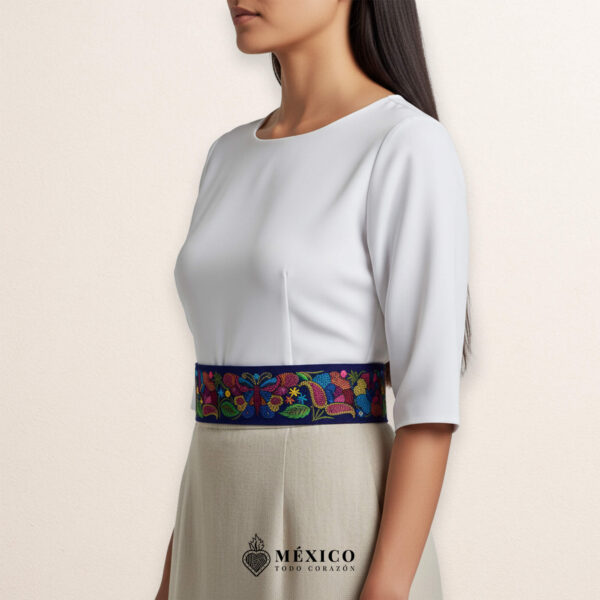 Blue embroidered Mexican waist belt featuring a floral and butterfly design
