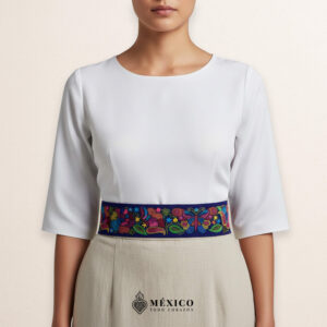 Blue embroidered Mexican waist belt featuring a floral and butterfly design