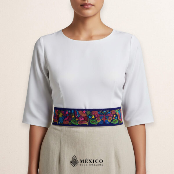 Blue embroidered Mexican waist belt featuring a floral and butterfly design