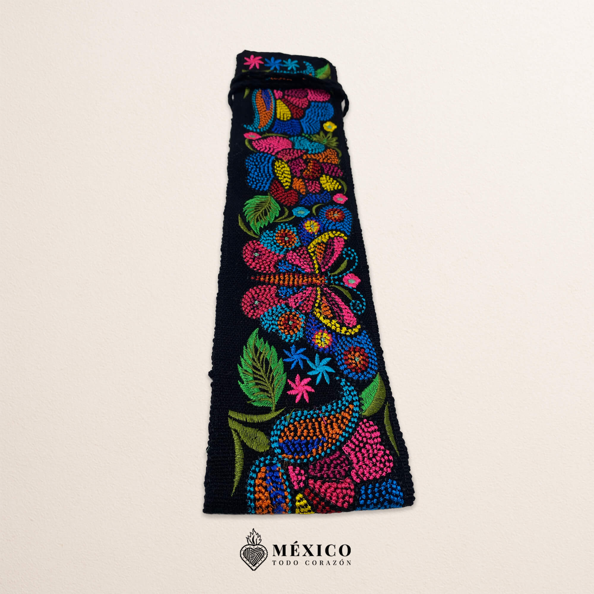 Black embroidered Mexican waist belt featuring a floral and butterfly design