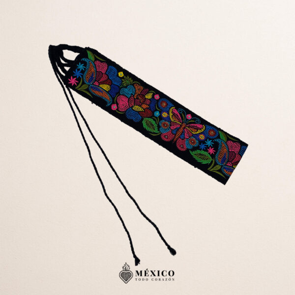 Black embroidered Mexican waist belt featuring a floral and butterfly design
