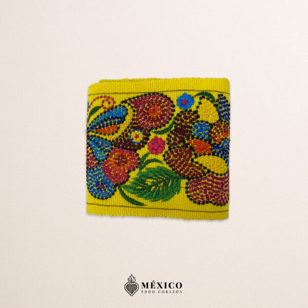 Yellow embroidered Mexican waist belt featuring a floral and butterfly design