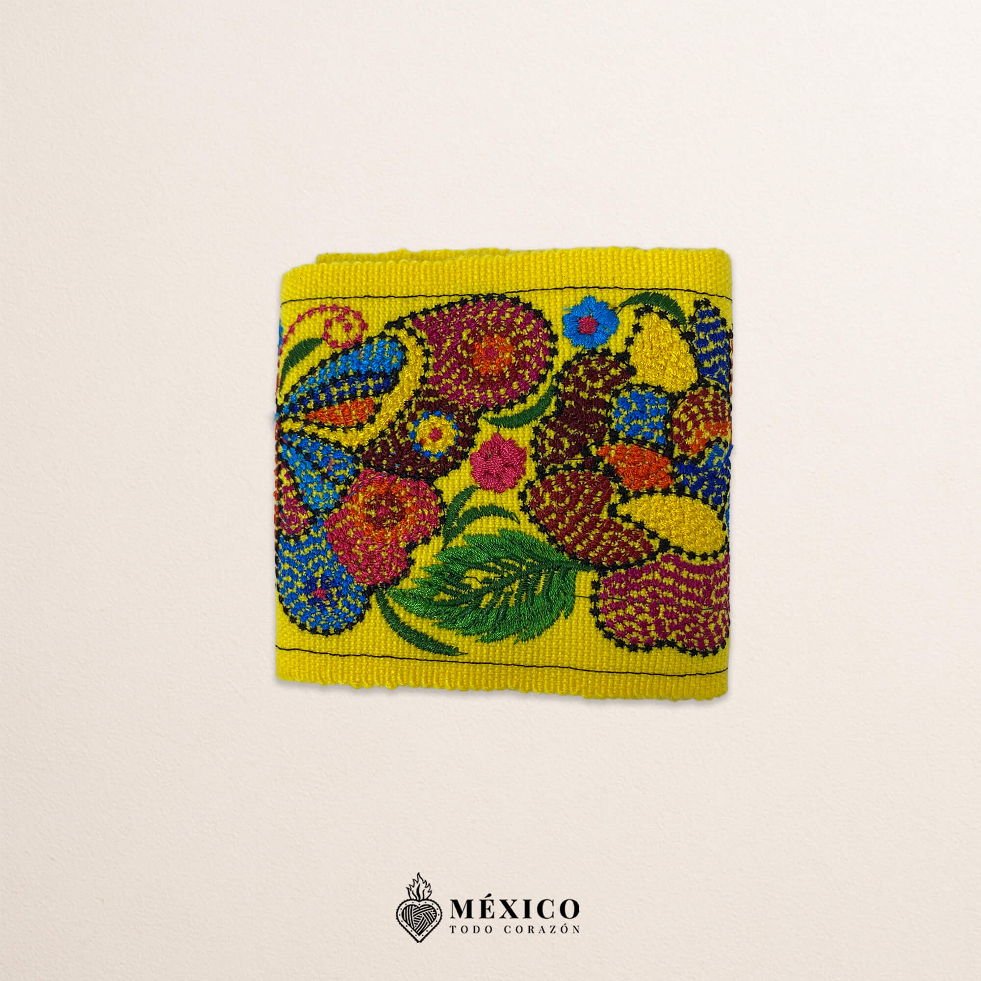 Yellow embroidered Mexican waist belt featuring a floral and butterfly design