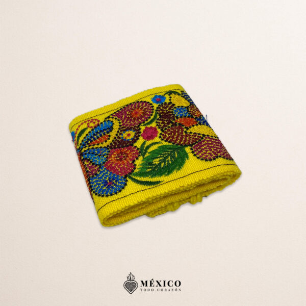 Yellow embroidered Mexican waist belt featuring a floral and butterfly design