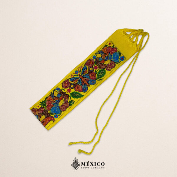 Yellow embroidered Mexican waist belt featuring a floral and butterfly design