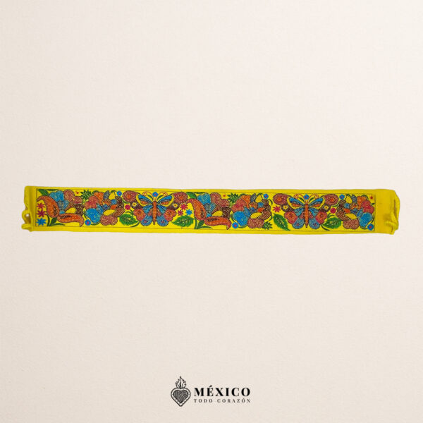 Yellow embroidered Mexican waist belt featuring a floral and butterfly design