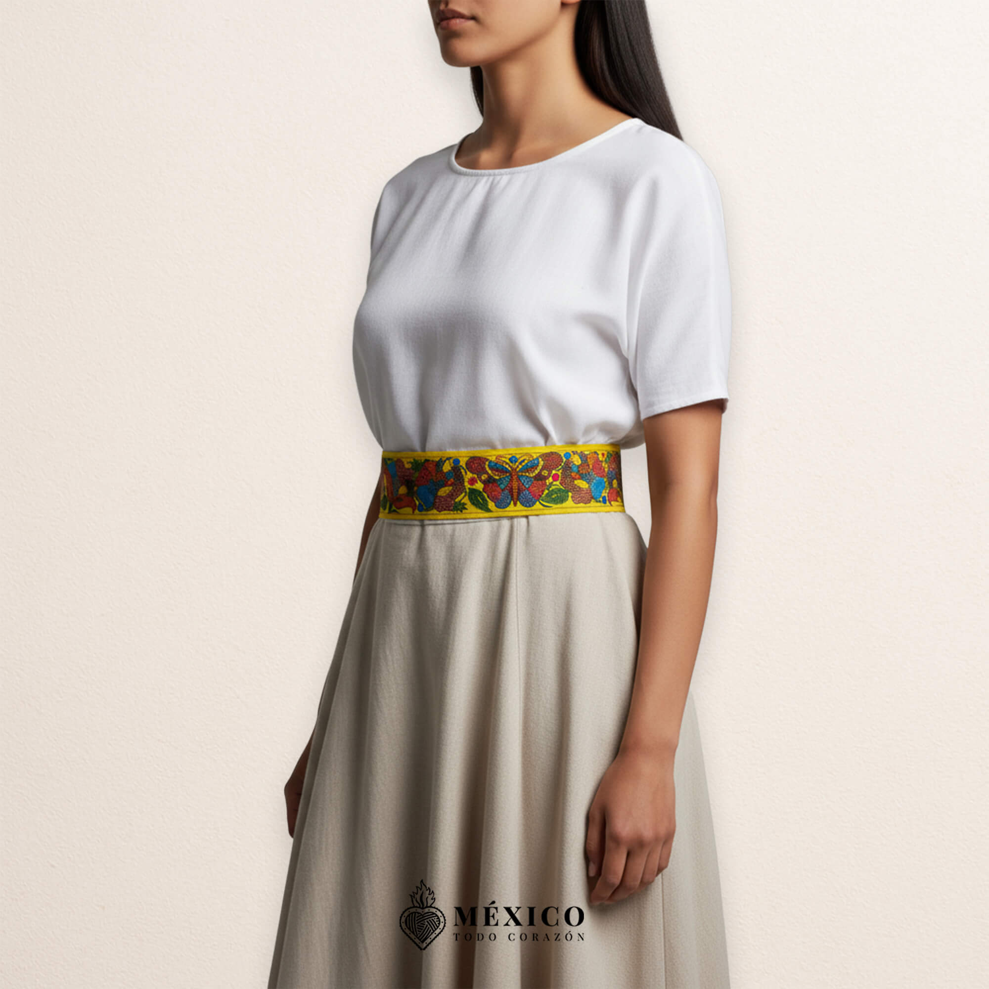 Yellow embroidered Mexican waist belt featuring a floral and butterfly design